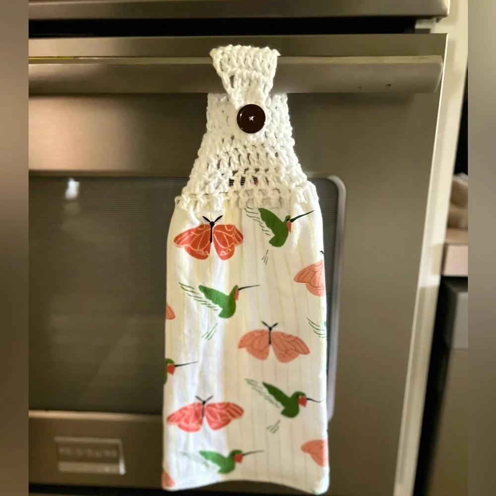 Hand Crafted Colorful Hummingbirds Butterflies Hanging Hand Towel Crochet Top